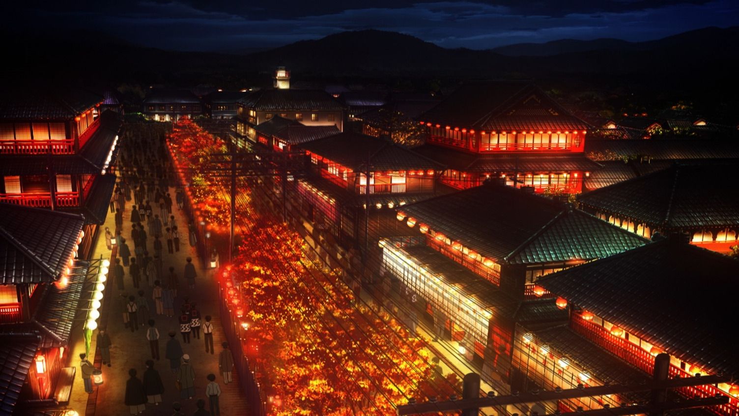 A city at night with people walking and people walking
Description automatically generated