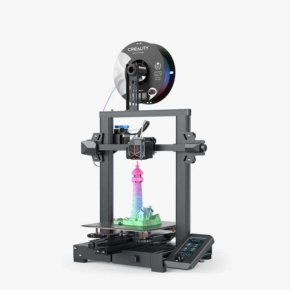 A three dimensional printer with a multicolored tower
Description automatically generated