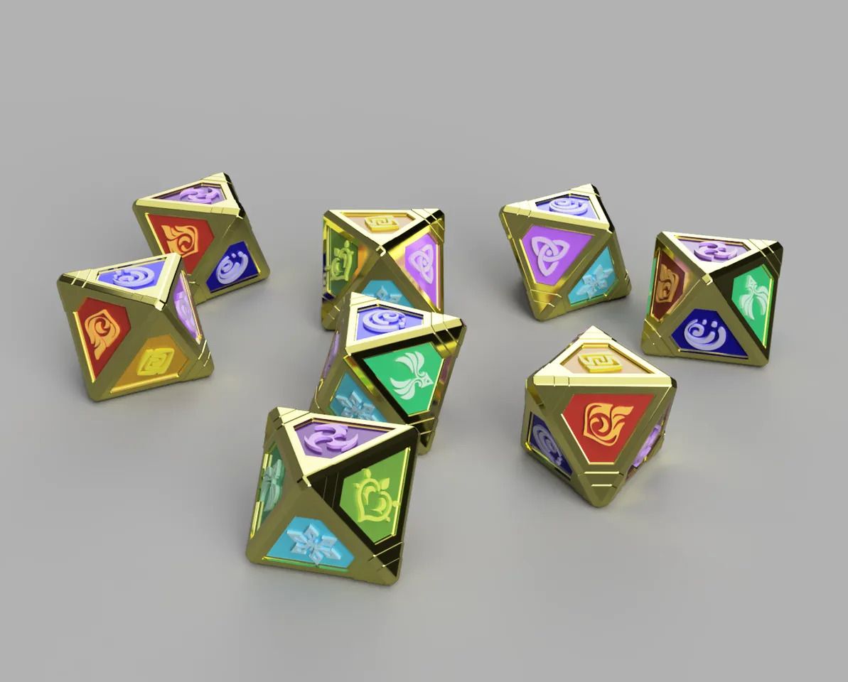A group of multi-sided dice
Description automatically generated