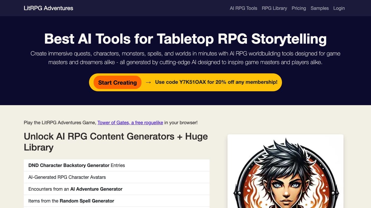 LitRPG Adventures AI TTRPG generators website screenshot