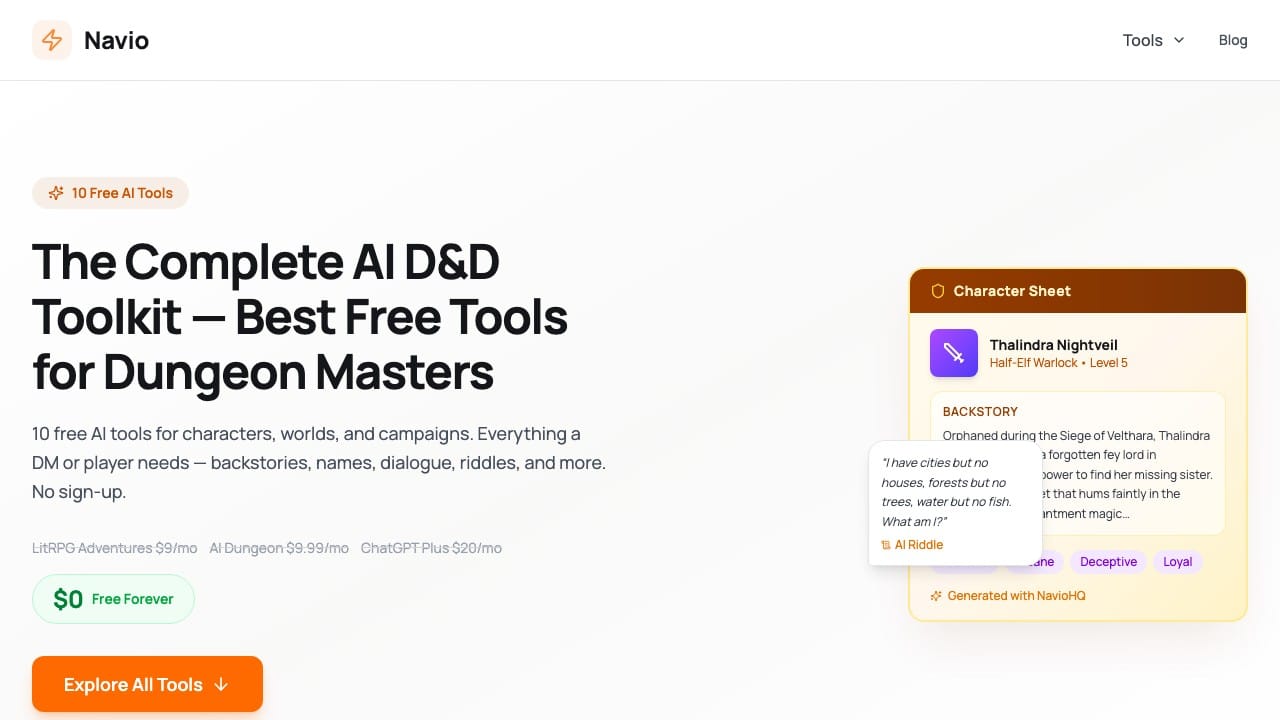 NavioHQ D&D tools website screenshot