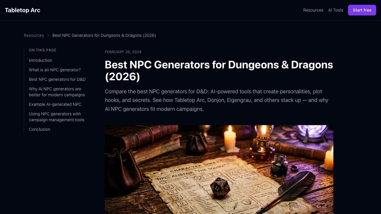 Tabletop Arc NPC Generator website screenshot
