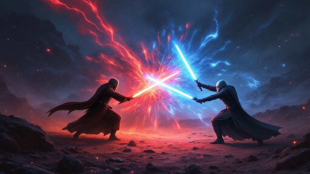 KOTOR — Jedi vs Sith lightsaber duel on an alien world