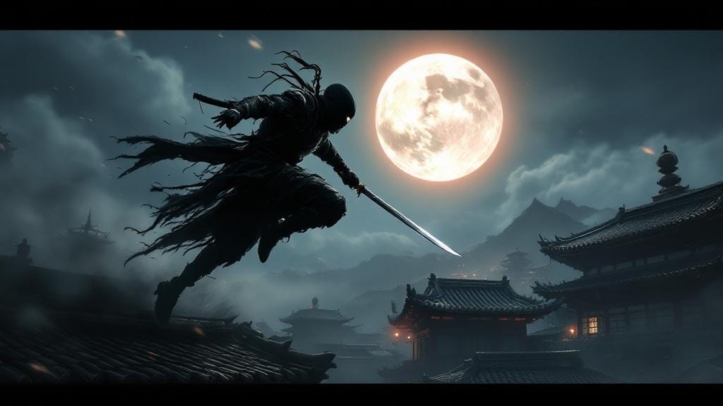 Ninja Gaiden Black — ninja warrior on moonlit Japanese rooftops