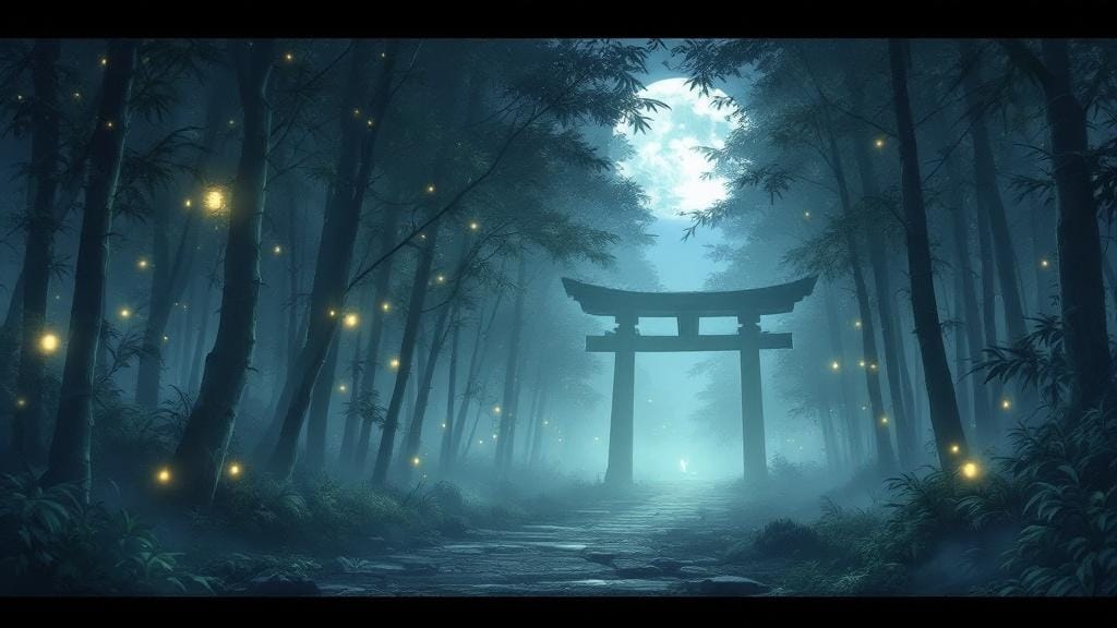 Misty ancient Japanese forest with glowing spirit wisps and a torii gate