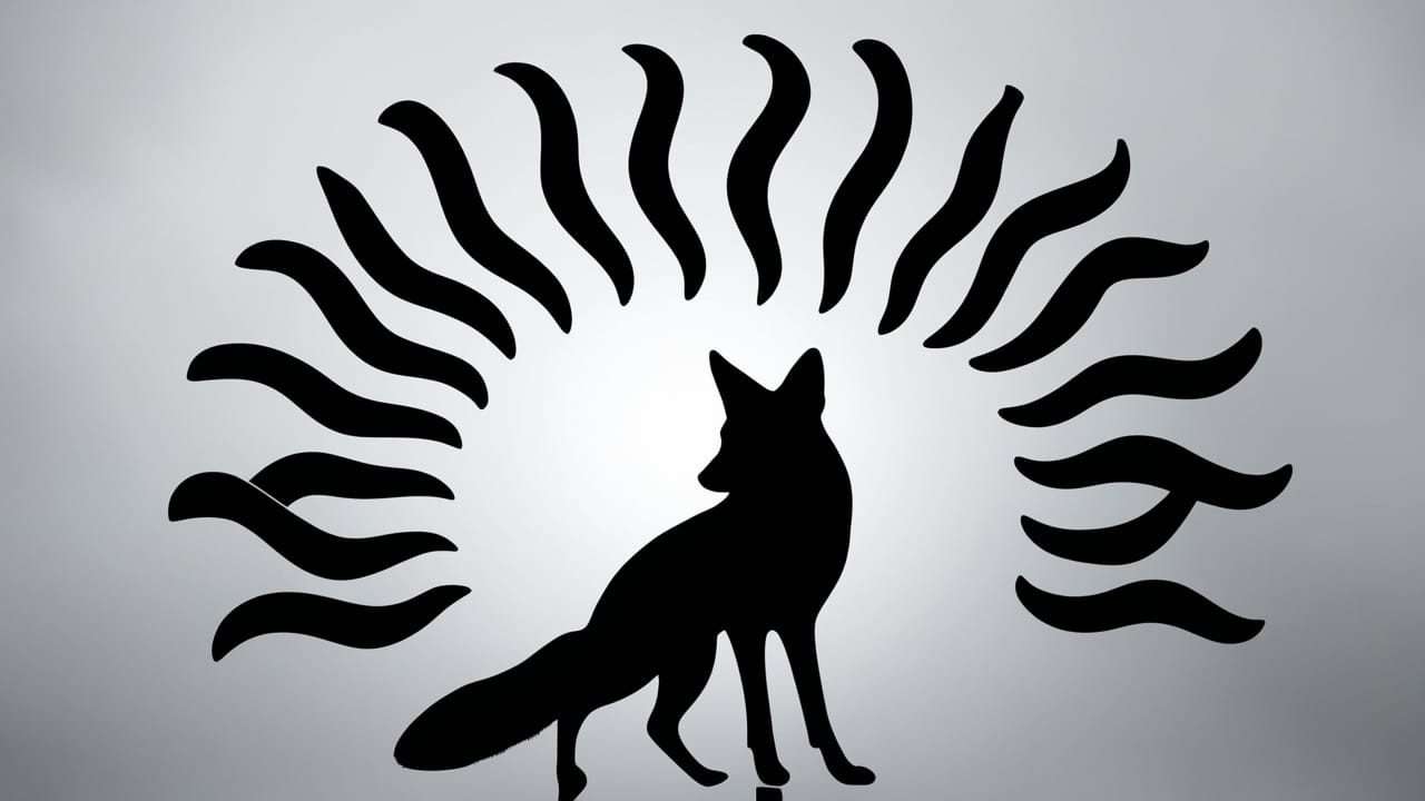Silhouette of a four-legged kitsune with nine magnificent tails spread wide