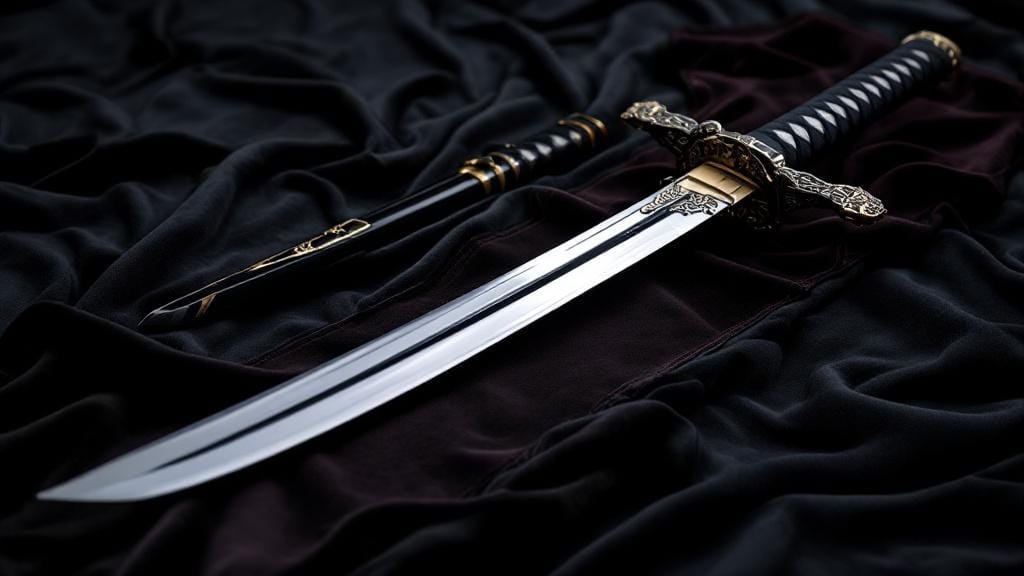 3D printed anime weapon replicas displayed on dark velvet — katana and fantasy sword props