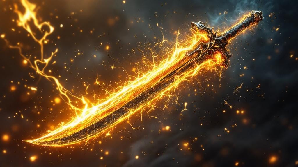 Fantasy anime weapons radiating supernatural energy and golden light