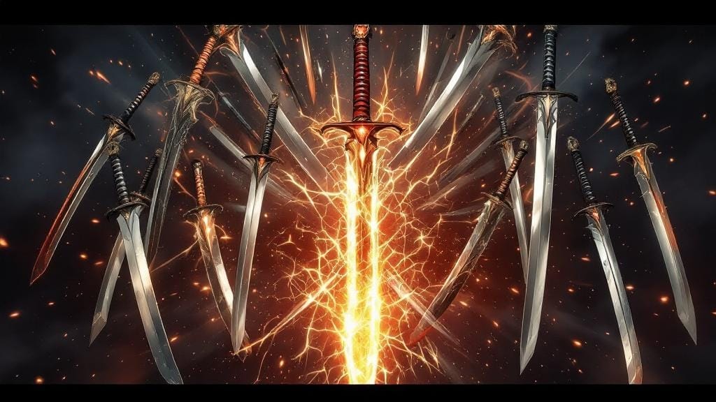 Collection of iconic anime katanas and swords with glowing energy effects