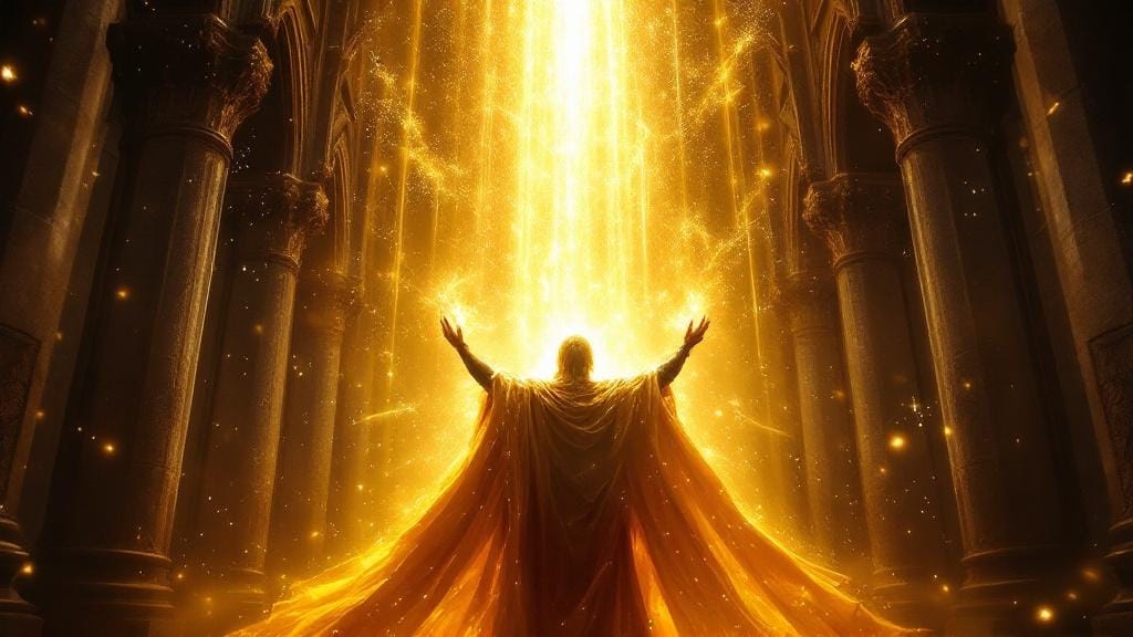 Holy knight channeling sacred golden incantation