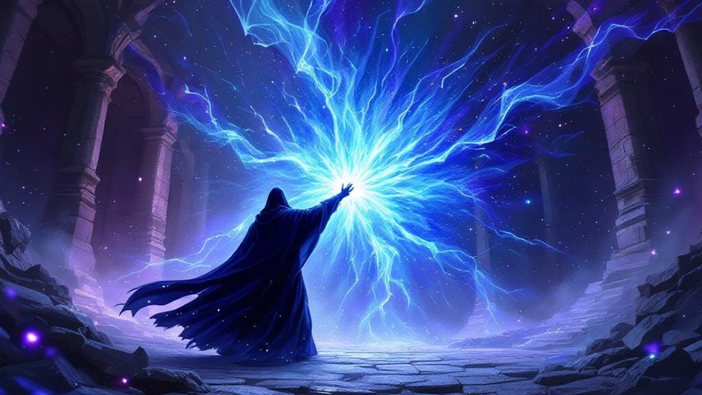 Dark robed sorcerer casting a massive glintstone spell