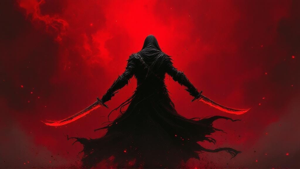 Dual-wielding rogue warrior with crimson blades