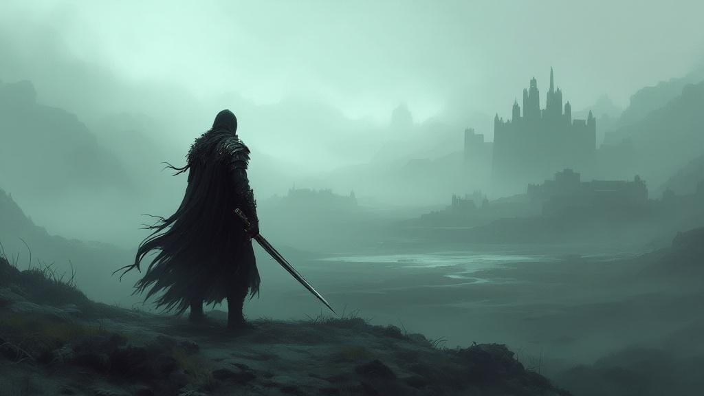Versatile warrior with claymore in misty landscape