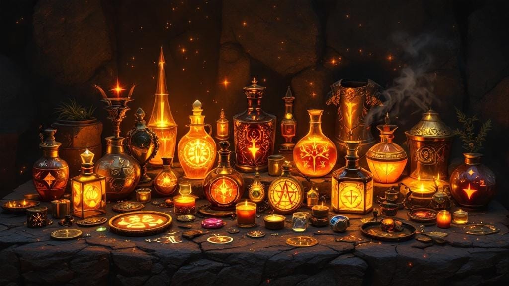 Glowing talismans and armor pieces on dark stone