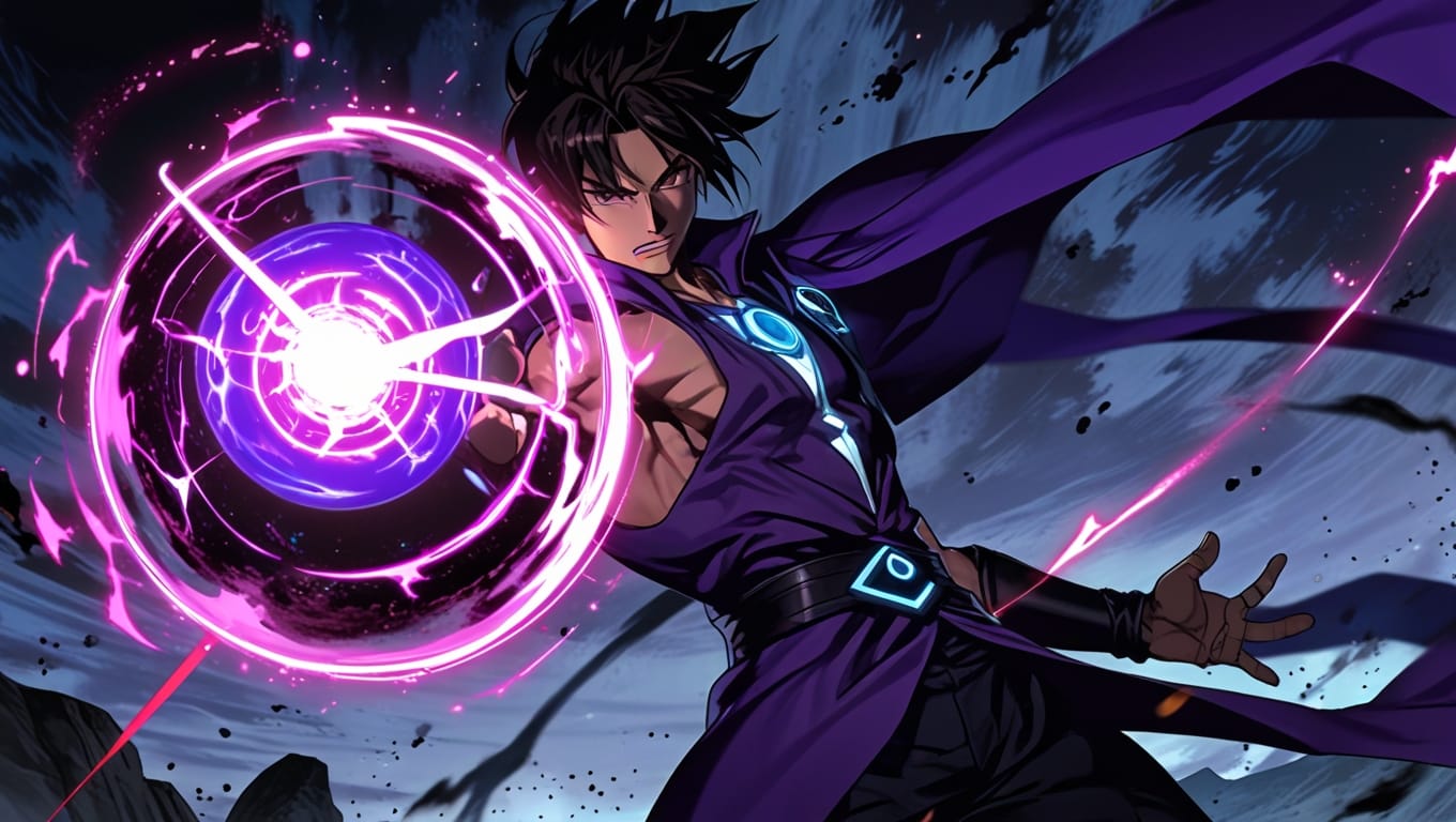 Gojo charging Hollow Purple — the fusion of Blue and Red cursed techniques