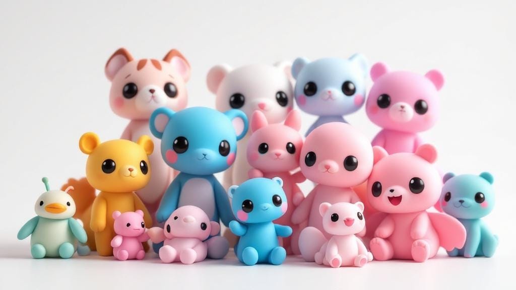 Adorable chibi kawaii 3D printed anime figures in pastel colors