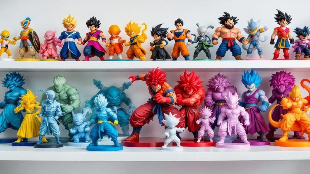 Collection of 3D printed shonen anime warrior figures in dramatic poses
