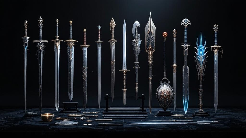 3D printed anime weapon props collection including katanas and fantasy weapons on display