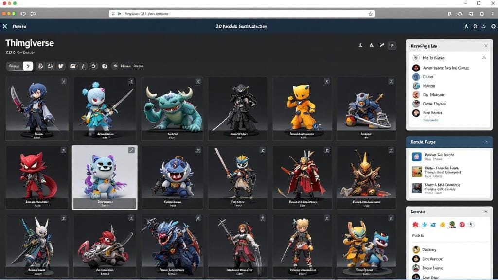 Thingiverse showing anime 3D model grid with warriors and kawaii creatures