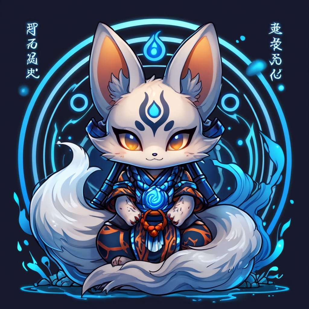 The Guardian — six-tailed kitsune spirit character art